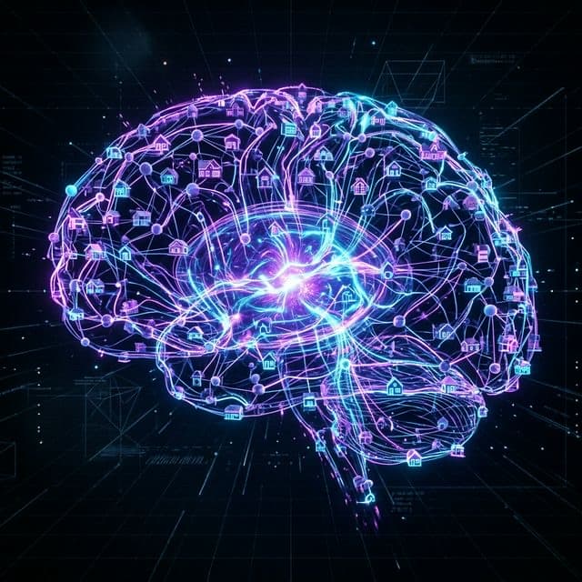 Glowing digital brain made of interconnected house icons with violet and cyan light pulses