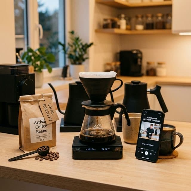 Sleek matte black pour-over coffee station with artisan beans and a smartphone showing a brewing tutorial video