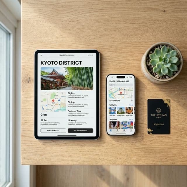Top-down shot of an iPhone and iPad on a wooden desk displaying high-end digital guidebook interfaces
