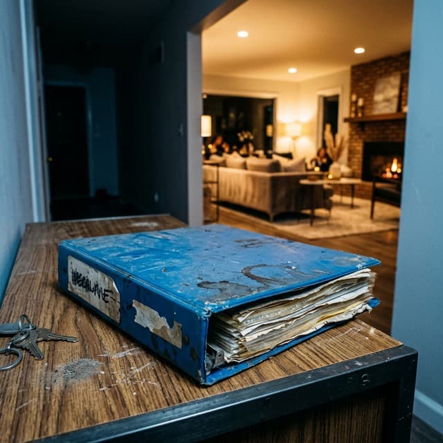 A dusty three-ring binder on an entryway table