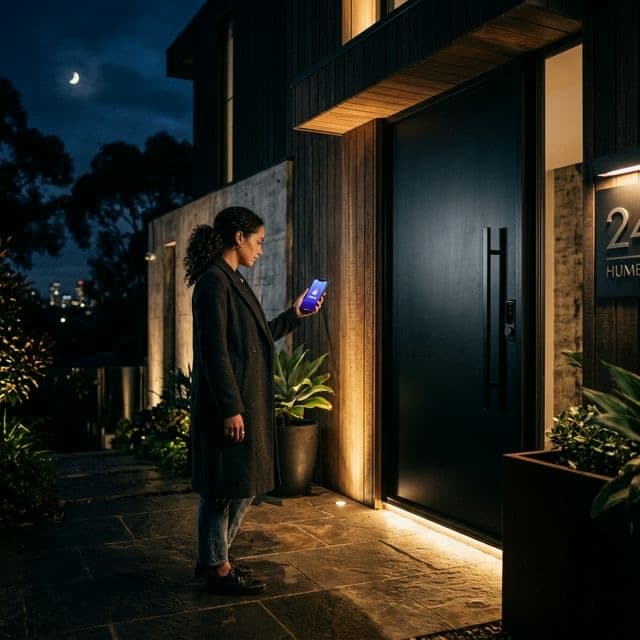 Guest standing at a modern matte-black door at night holding a glowing smartphone with an Unlock button