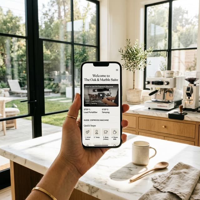 Guest holding a smartphone showing a digital guidebook in a luxury kitchen