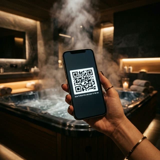 Guest holding a smartphone displaying a QR code near a luxury hot tub with warm steam