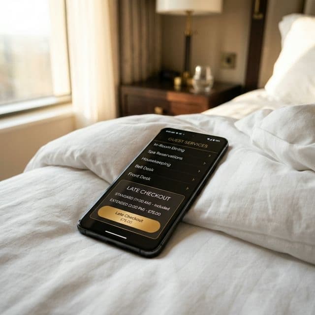 Smartphone on white linen bedsheets showing an elegant Guest Services menu with a gold Late Checkout purchase button