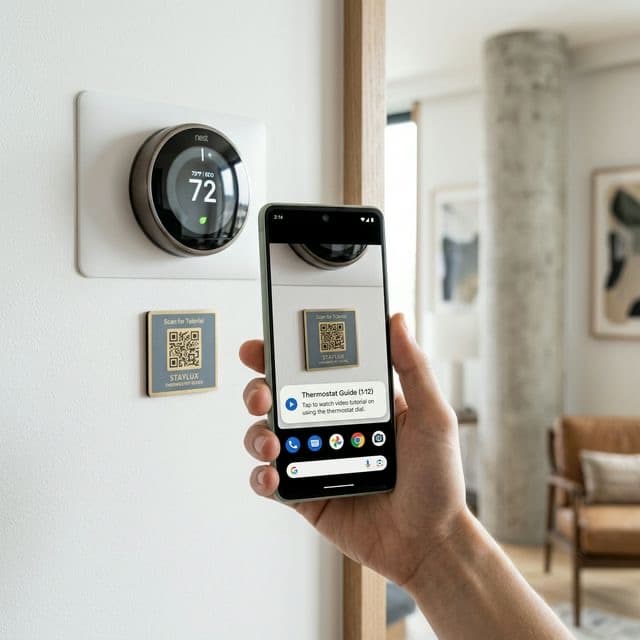 Guest's hand scanning a QR code next to a smart thermostat, phone showing video tutorial