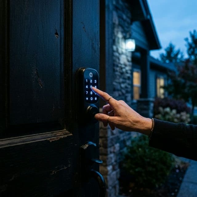 A hand reaching for a glowing smart lock keypad on a matte-black front door at dusk