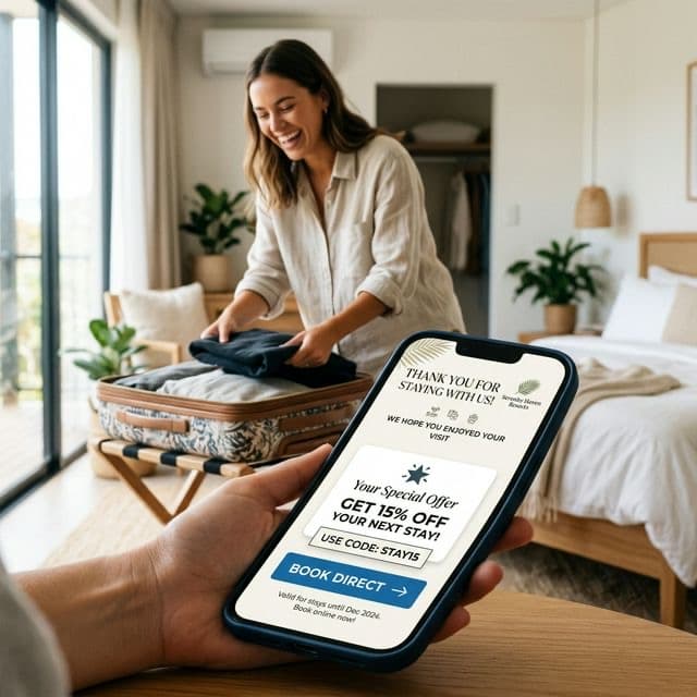 Smartphone showing a thank you screen with a 15% return stay discount code and Book Direct button