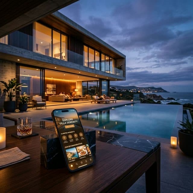Luxury villa at twilight with a smartphone displaying a digital Airbnb guidebook interface