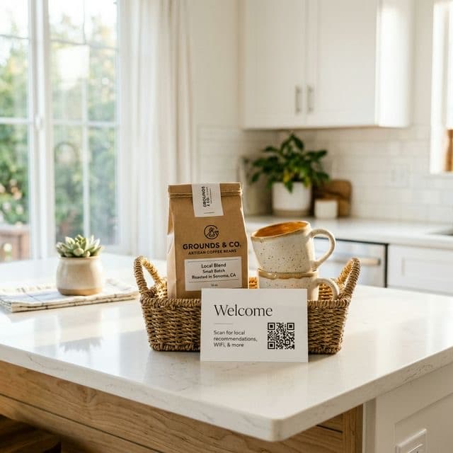 Bright welcome basket on a clean kitchen island containing local artisan coffee, ceramic mugs, and a QR code card bathed in morning sunlight