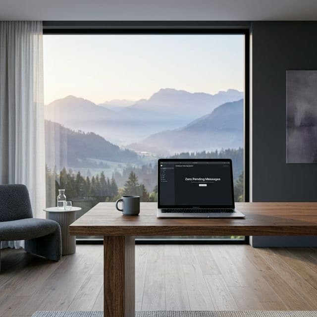 Minimalist home office with a laptop showing Zero Pending Messages on a walnut desk, serene mountain view through the window