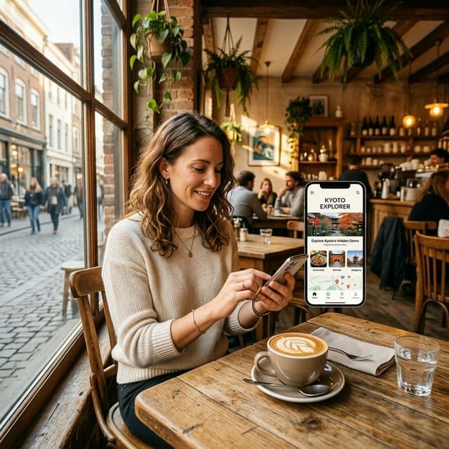 Guest sitting in a sun-drenched cafe holding a smartphone showing a digital guest guide