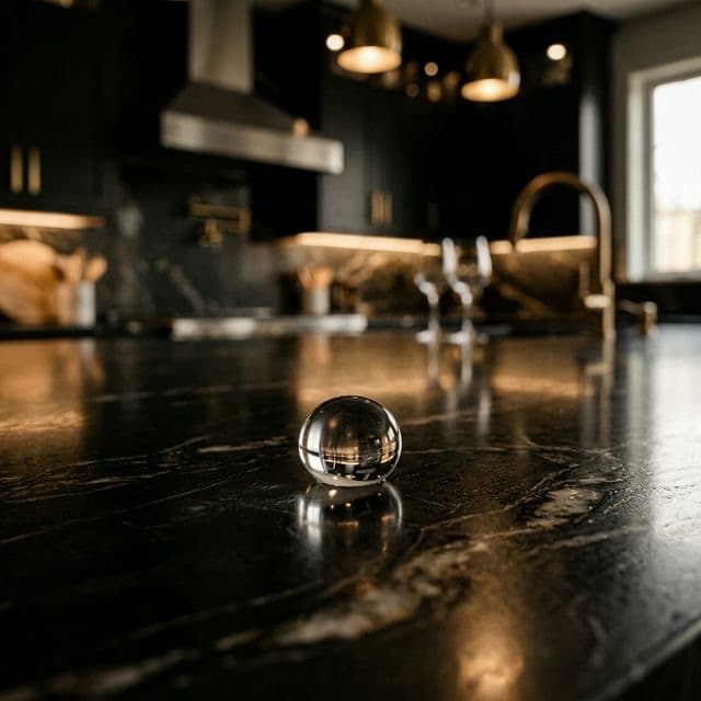 Crystal clear water droplet on dark polished marble countertop with luxury kitchen in background