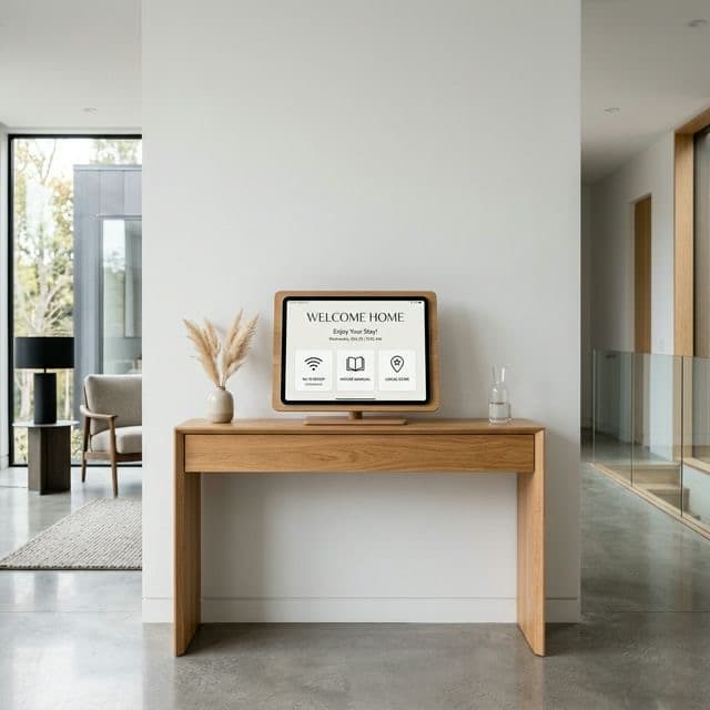 Digital Airbnb guidebook interface on a tablet showing Wi-Fi, House Manual, and Local Gems menu in a modern interior